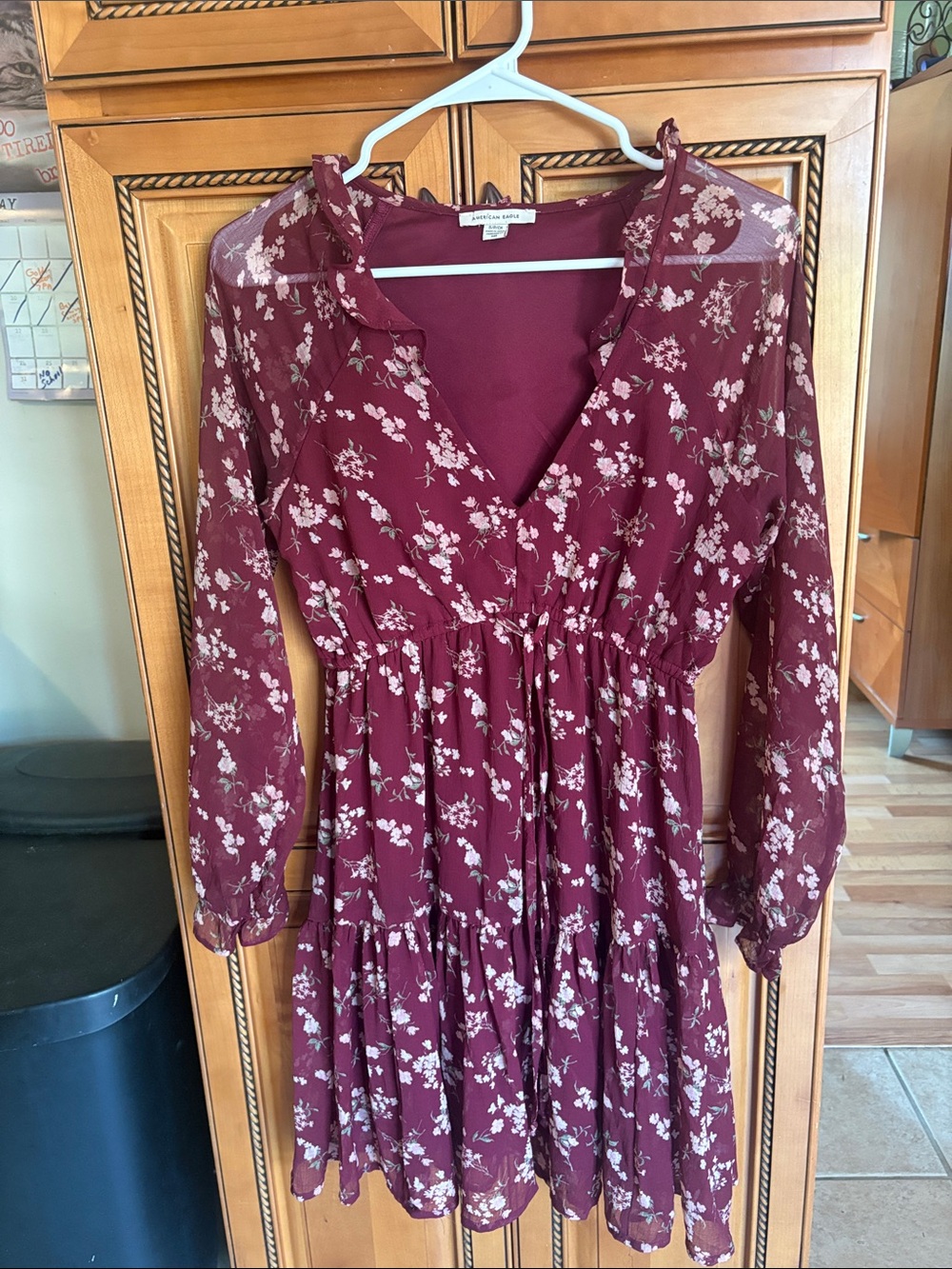 American Eagle Outfitters Burgundy Floral Long Sleeve V-Neck Dress